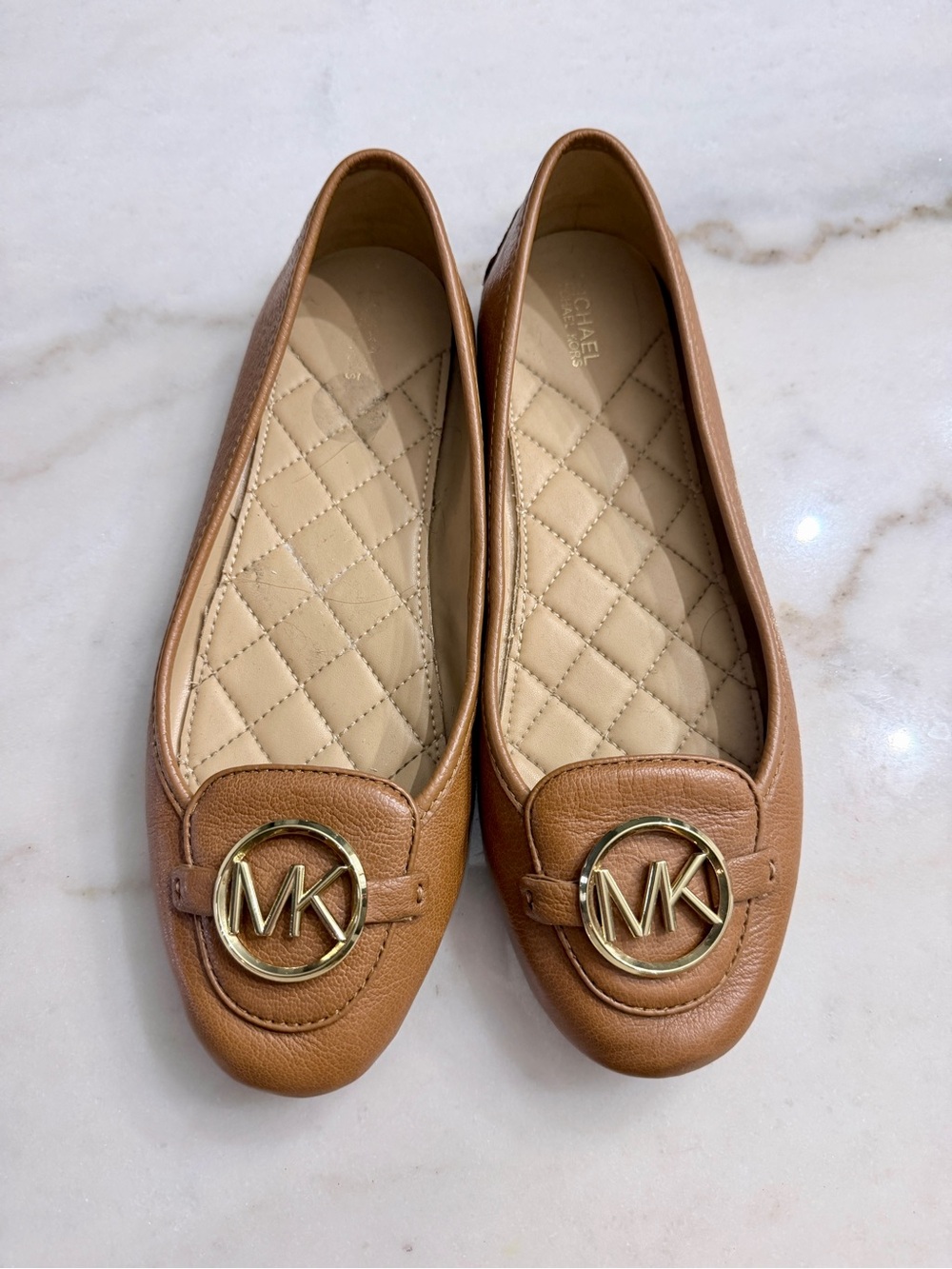 Michael Kors cognac brown & large gold MK logo leather Lillie flats size 8.5